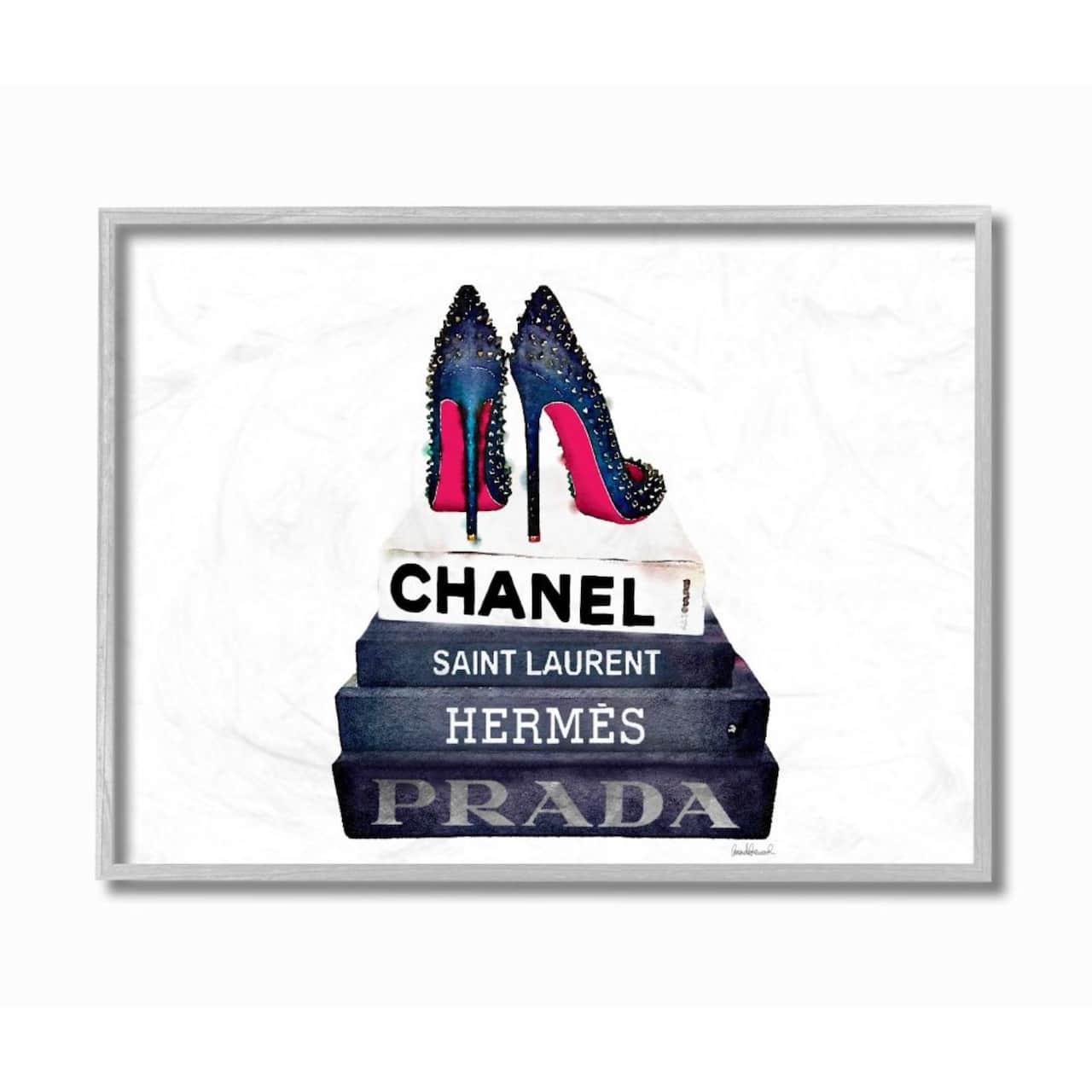 Stupell Industries Fashion Book Stack & Black Pumps Wall Art in Gray Frame